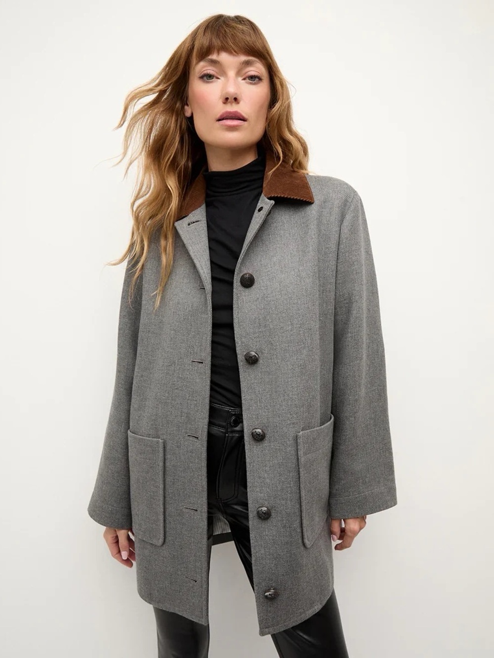 Veronica Beard Gray Pea Coat with Brown Corduroy Collar